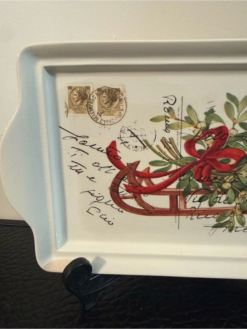 Holiday Sled rectangular Ceramic Tray with vintage postcard image